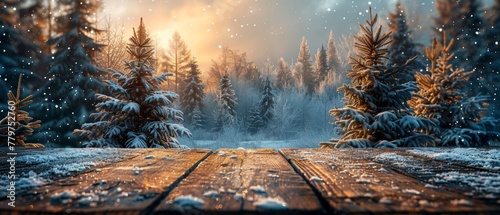 Snowy christmas background with trees in the snow, wooden table, and snowfall. New Year winter holidays theme. There is a blank space for your own design, text, or advertisement.