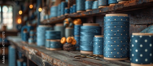 Set of wooden sewing and needlework materials including polka-dot cloth, ribbons, buttons, scissors, and a reel of thread. photo