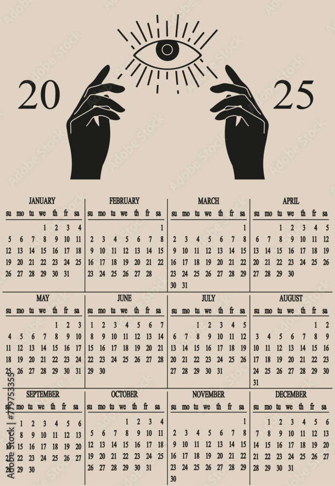 2025 Calendar design with Magic black hand and Watchful eye. Annual ...