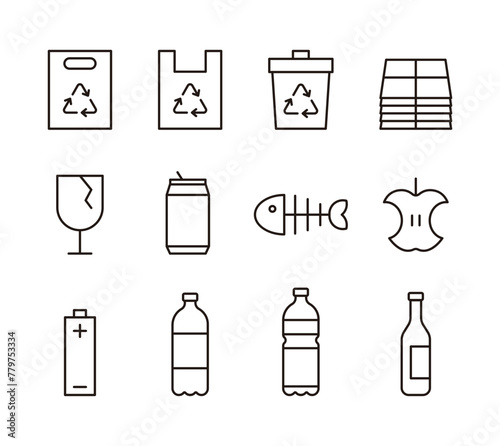 Set of minimal line icons for trash, recycling and environment concepts. Trash can, bag, glass, paper, waste paper, can, food, fish, apple, batterie, bottle, plastic bottle, plastic, glass bottle.
