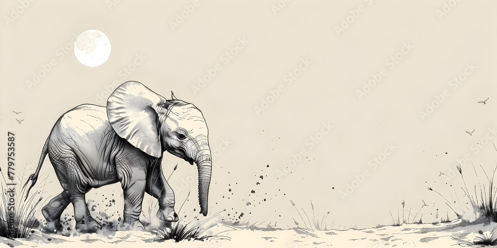 Fototapeta premium Curious Baby Elephant Embarking on First Exploratory Steps in Serene Savanna Landscape