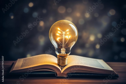 A glowing light bulb hangs above the book. Educational knowledge and business education ideas. Innovation, self-learning, knowledge and search for new ideas.