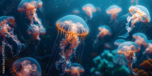 Ethereal Jellyfish Drifting in the Underwater Realm a Mesmerizing Natural Spectacle in the Depths of the Ocean