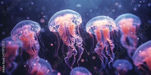 Enchanting Cluster of Ethereal Jellyfish Drifting Gracefully in the Serene Underwater Realm Captivating Bioluminescent Creatures of the Deep Sea