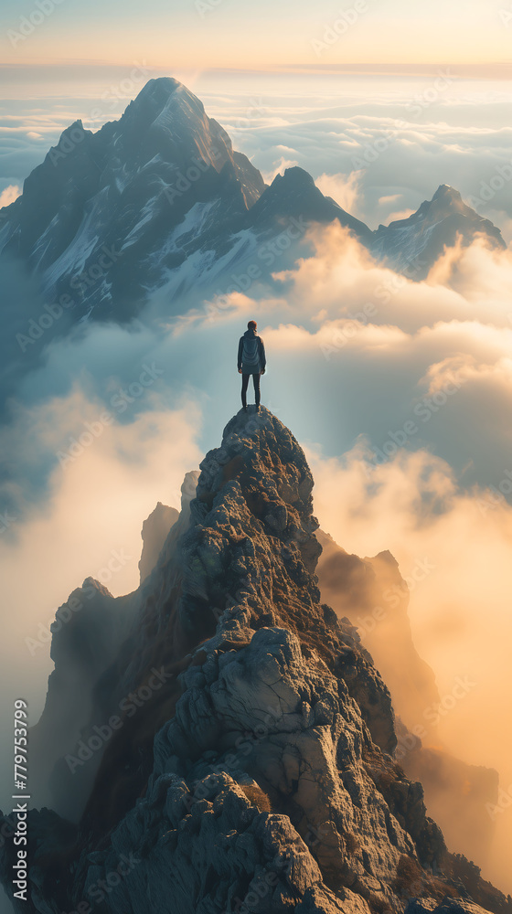 silhouette of a man on top of the mountain with a sea of clouds below and visualizing the peak of another mountain in the background.