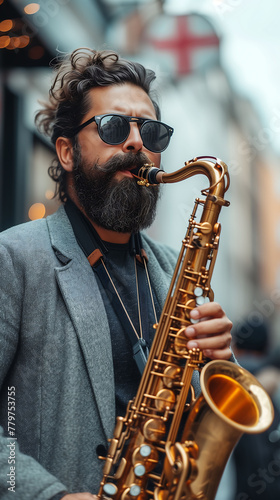 man with a bushy beard and a very elegant dress plays the saxophone in the street.