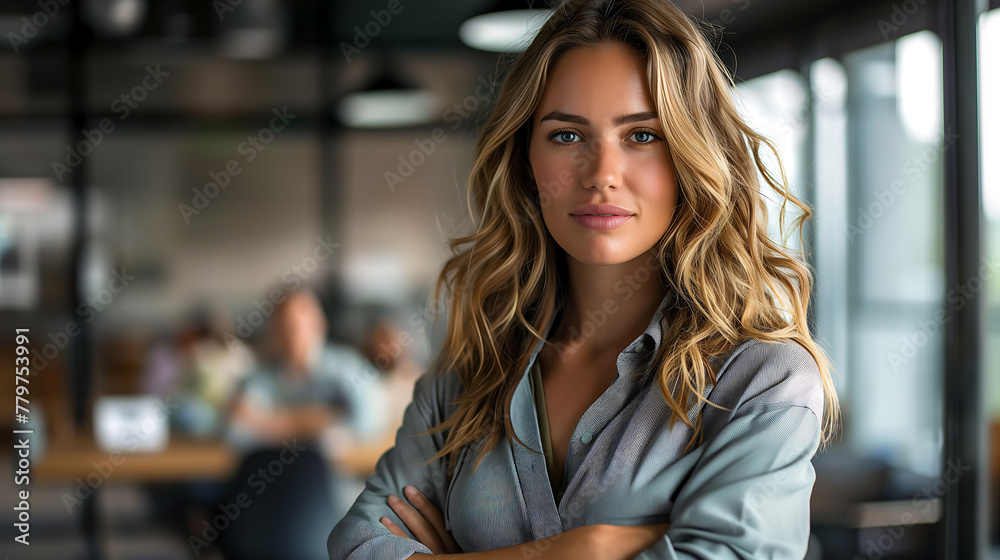 Successful businesswoman in the foreground with her team in the background of the image.