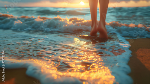 Close-up of woman's feet entering the sea during a golden hour sunset.