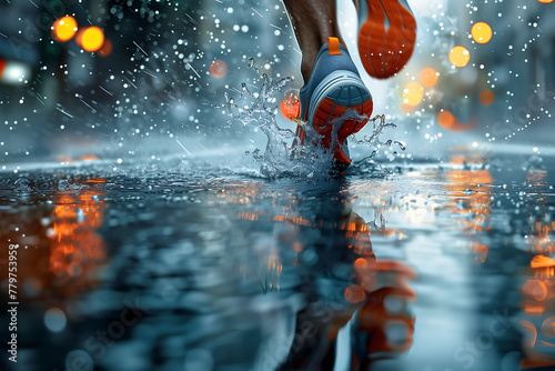 close-up detail of a runner's shoes over puddles in an urban environment at sunset. 