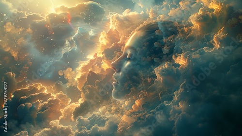 Celestial reverie: Surreal concept art featuring a head surrounded by a halo of clouds, suggesting a connection between earthly thoughts and cosmic realms. photo
