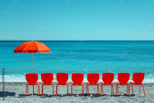 set of red chairs in a row with a red umbrella at the end on the beach in front of the sea. photo