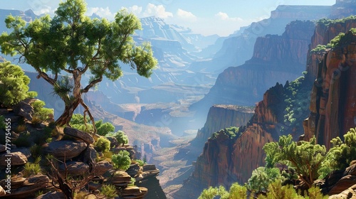  greenery of the trees in the background against the rugged backdrop of the canyon