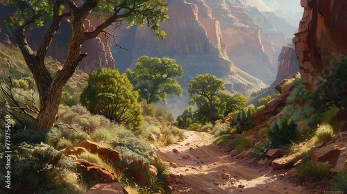  the lush greenery of the trees in the background against the rugged backdrop of the canyon photo