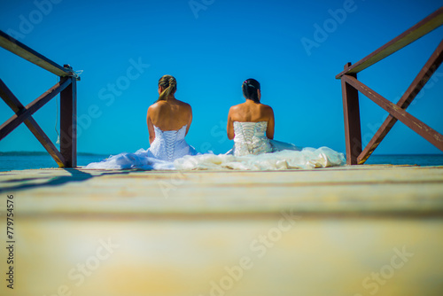 mujeres sentadas dando la espalda mientras usan sus vestidos de boda y miran en mar en el muelle  photo