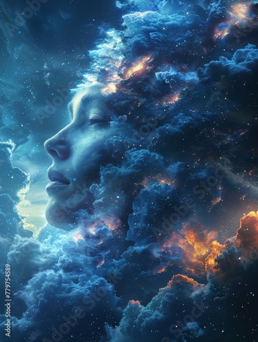 Head in the cloudscape: Surrealist concept art showcasing a head merged seamlessly with a celestial sky, illustrating the concept of abstract thinking.