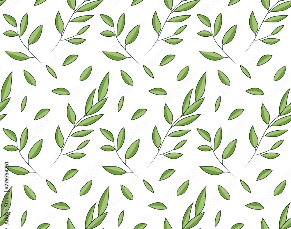 Green leaves on a branch and separately from it. Natural seamless pattern in vector. Suitable for backgrounds and fabric prints Green leaves on a branch and separately from it. Natural seamless pattern in vector. Suitable for backgrounds and fabric prints