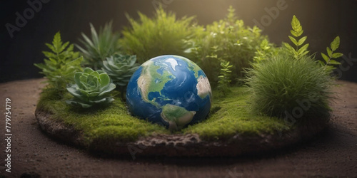 Eco green planet earth on the ground. blurred background. environmental concept. 
