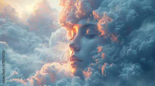 Visions aloft: Surreal backdrop with a head soaring among billowing clouds, suggesting a connection between inner thoughts and outer worlds.