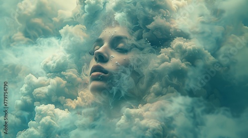 Whimsical cloudscapes: Surreal backdrop showcasing a head adorned with whimsical clouds, portraying a sense of fantasy and wonder.
