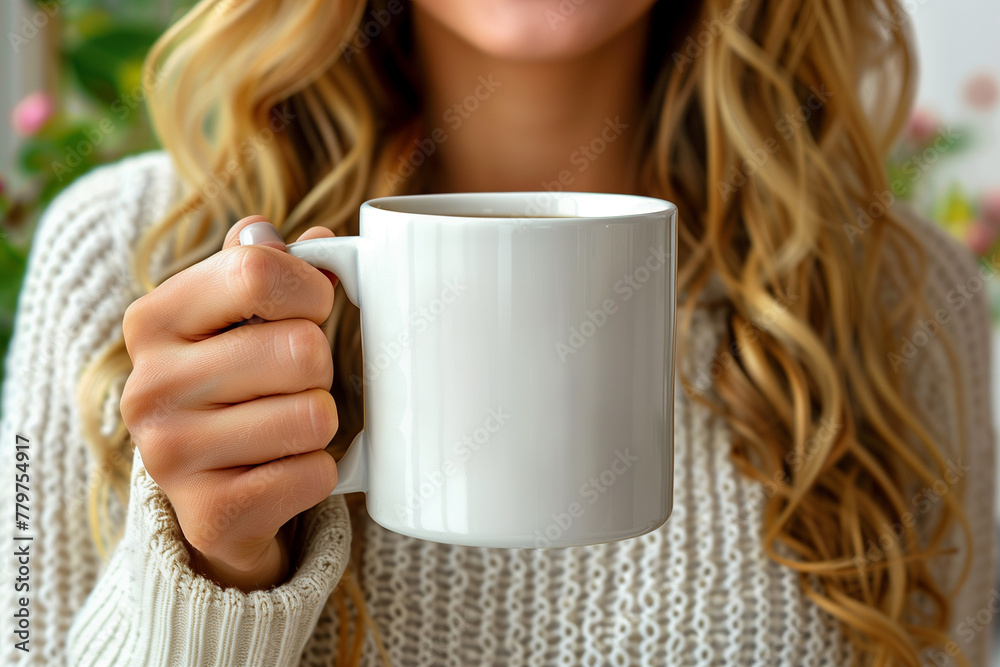 A woman gracefully holds an empty white mug, presenting it at the center, ideal for mockup purposes A woman gracefully holds an empty white mug, presenting it at the center, ideal for mockup purposes