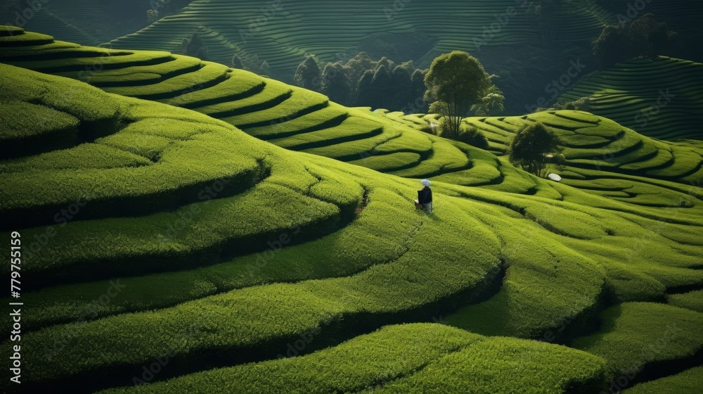A tea plantation with a beautiful view of green fields and a clear sky
