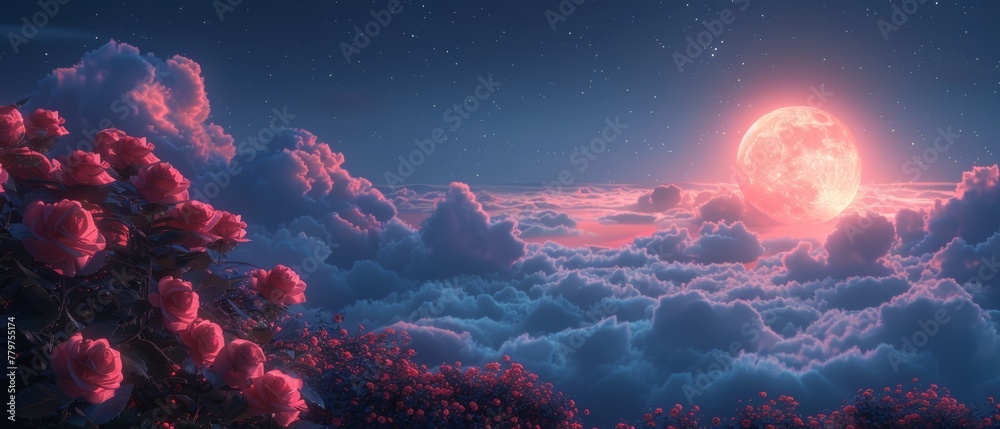 An arrangement of roses is set against a backdrop of a mystery moon and mysterious clouds in the night sky. The moon's image was captured by me using my camera. An arrangement of roses is set against a backdrop of a mystery moon and mysterious clouds in the night sky. The moon's image was captured by me using my camera.