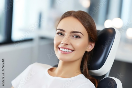 Dental consultation. Woman with smile after teeth whitening  service or mouth care. Healthcare  dentistry and happy female patient with orthodontist for oral hygiene.