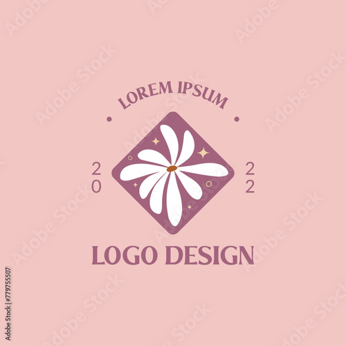 Flower Chamomile with stars vector flat cartoon groovy logo. Geometric rhombus frame. Retro emblem for branding badge, web, card, banner, label, sticker, fllyer.