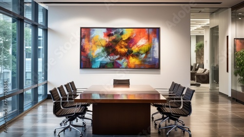 A modern and artistic painting adds color to a white office wall