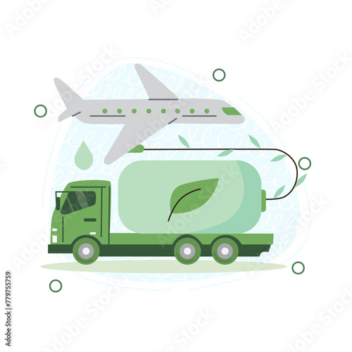 Vector illustration of a van transporting gasoline and an airplane consuming biofuel. Airplane with biological fuel.