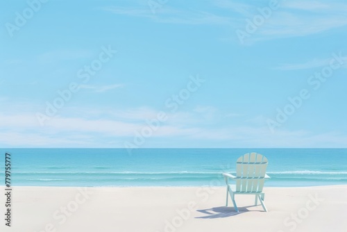 A serene beach scene in minimalist style, featuring a solitary beach chair positioned on the smooth sand. The chair faces the calm ocean, with soft waves gently lapping the shore.