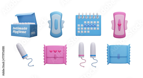 3D menstruation products bundle. Cute cartoon style pink and blue 3D menstrual tampons, sanitary pad, menstrual calendar ovulation tracker isolated on white. Intimate hygiene 3D render vector icon set