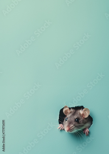 rat through hole in plain green colour paper card wall with text space