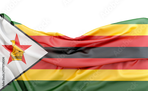 Flag of Zimbabwe isolated on white background with copy space above. 3D rendering