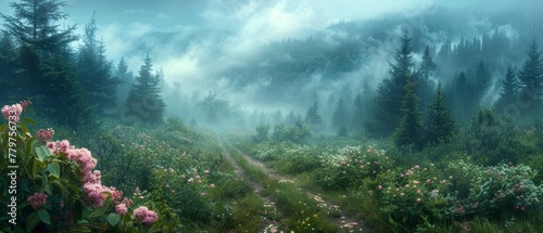 With pine tree forest, lilacs and rose flowers bush, and mysterious fog trail, this panoramic photo background has a summer fantasy feel. © Антон Сальников