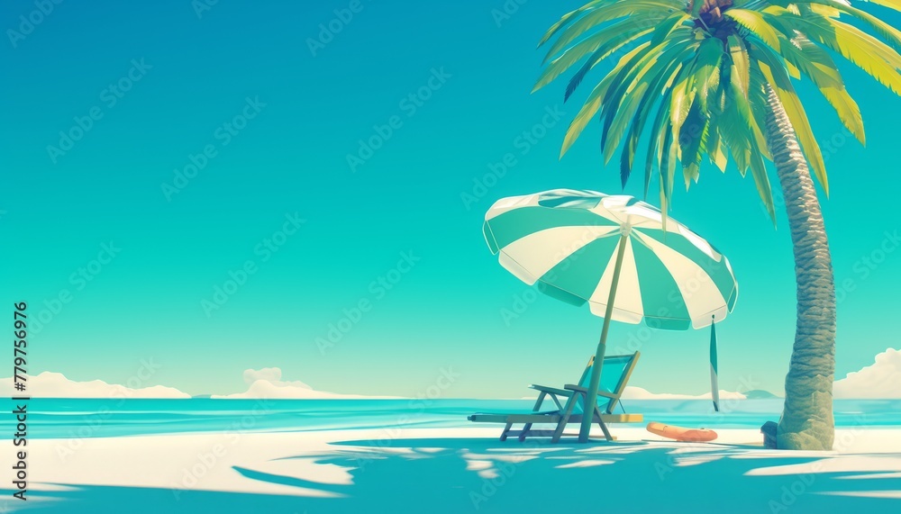Beach Vacation Illustration: Relaxing Under Palm Trees and Beach Umbrellas