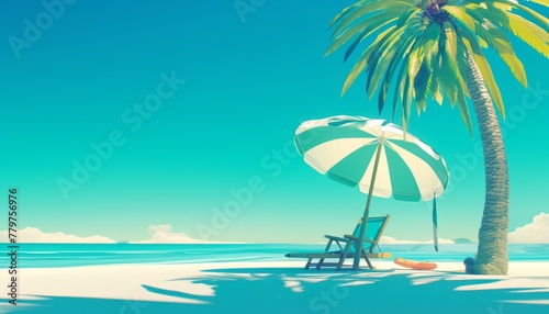 Beach Vacation Illustration  Relaxing Under Palm Trees and Beach Umbrellas