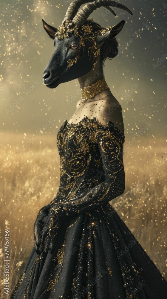Glamorous goat in a sequined gown, wearing a diamond necklace, against a star-studded sky backdrop, lit with celestial glow, exuding celestial elegance and charm
