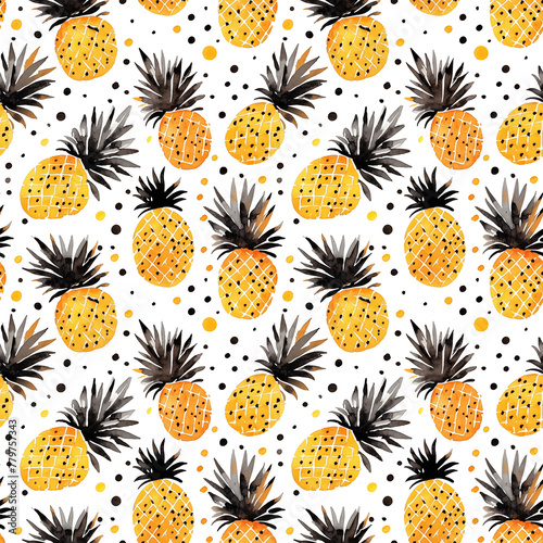 Watercolor seamless pattern with bright pineapples and dots isolated on white background.