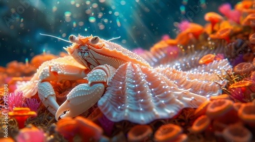 Couture crab in a shell-inspired gown, wearing coral accessories, against an underwater paradise backdrop, lit with iridescent glow, emanating aquatic elegance and allure © Дмитрий Симаков