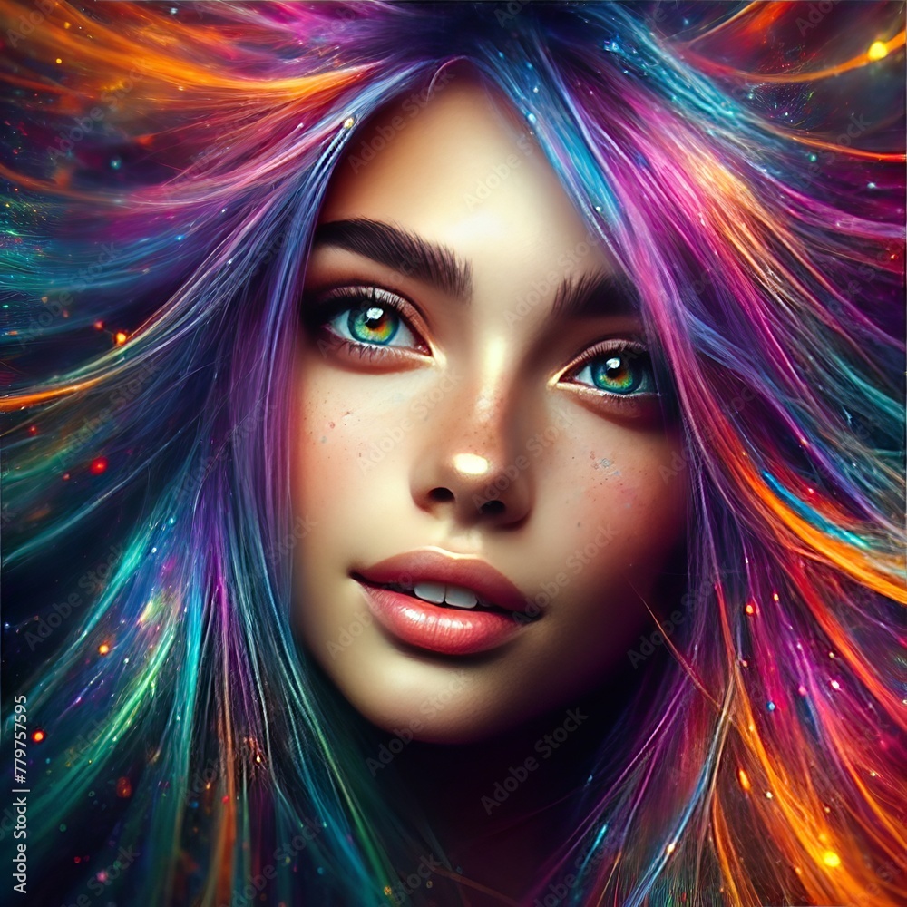 A digital art portrait highlighting a woman with flowing galaxy-inspired hair, blending tones of purple and blue with hints of stardust.. AI Generation A digital art portrait highlighting a woman with flowing galaxy-inspired hair, blending tones of purple and blue with hints of stardust.. AI Generation