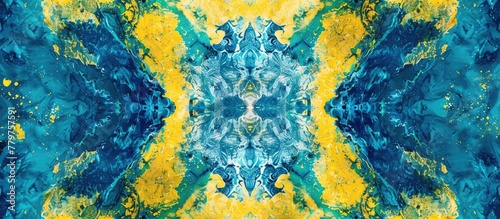 Organisminspired art featuring a kaleidoscope effect with a blue and yellow tie dye pattern resembling a terrestrial plant on grass, creating symmetry in circles of electric blue