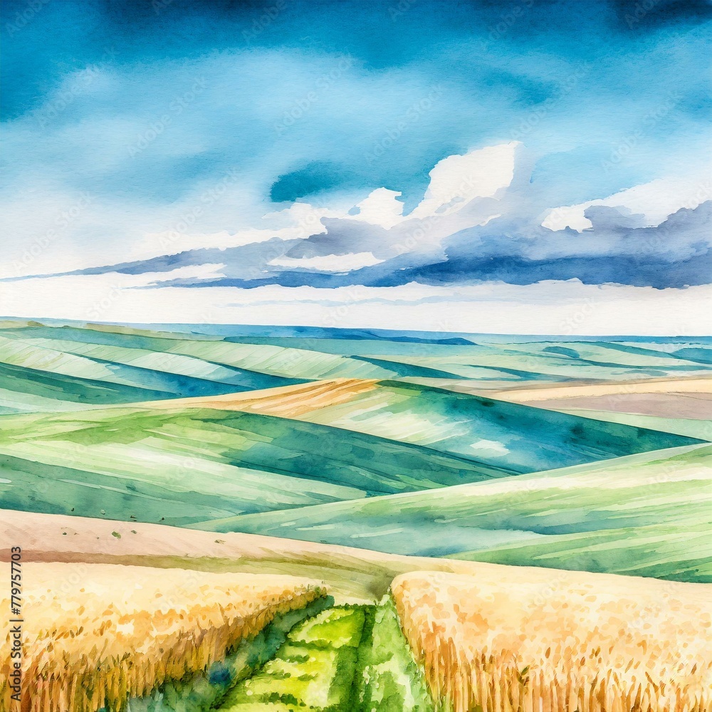 Namalowany krajobraz pola zbóż - obrazy, fototapety, plakaty 