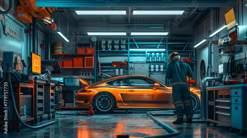 Mechanic working on a car in a well-equipped garage at night. Vibrant, detailed illustration for automotive repair and maintenance themes in a dramatic and colorful setting photo