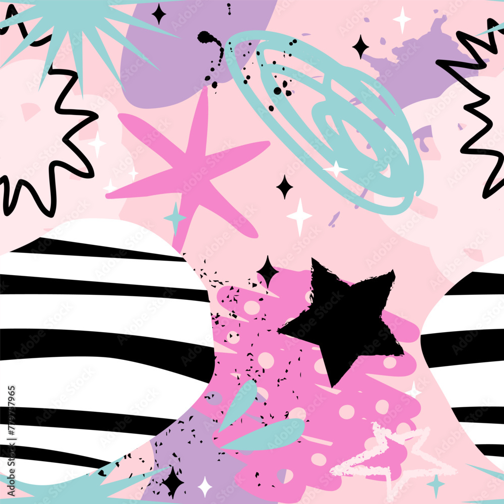 Abstract seamless chaotic pattern with hand drawing elements, stars, scuffed and sprays. Fashion wallpaper 