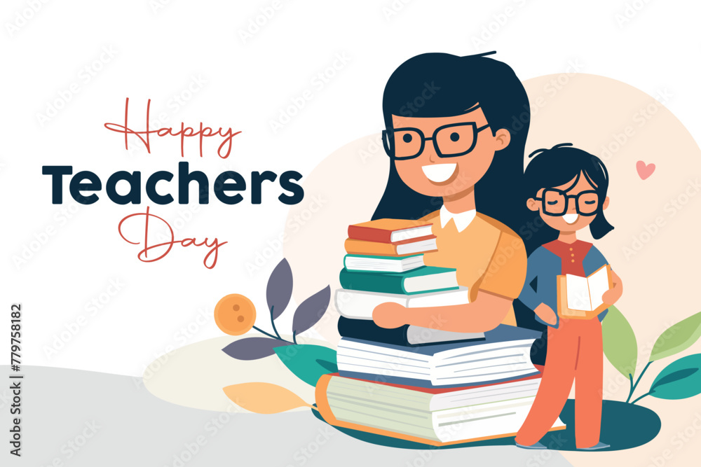 Happy teacher's day vector illustration. Teacher and student with lots of books.
