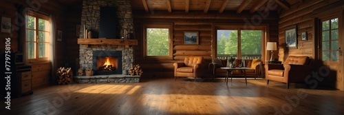 log cabin theme empty living room home interior with wooden floor, fireplace and adequate lighting panoramic wide angle from Generative AI photo