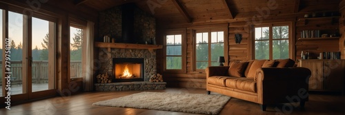 log cabin theme empty living room home interior with wooden floor, fireplace and adequate lighting panoramic wide angle from Generative AI