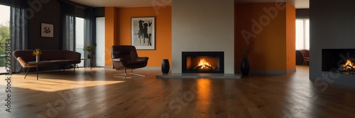 orange theme empty living room home interior with wooden floor, fireplace and adequate lighting panoramic wide angle from Generative AI photo