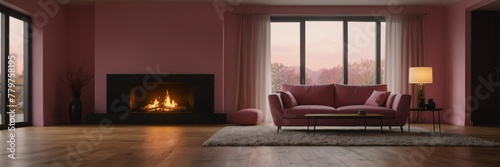 pink theme empty living room home interior with wooden floor  fireplace and adequate lighting panoramic wide angle from Generative AI